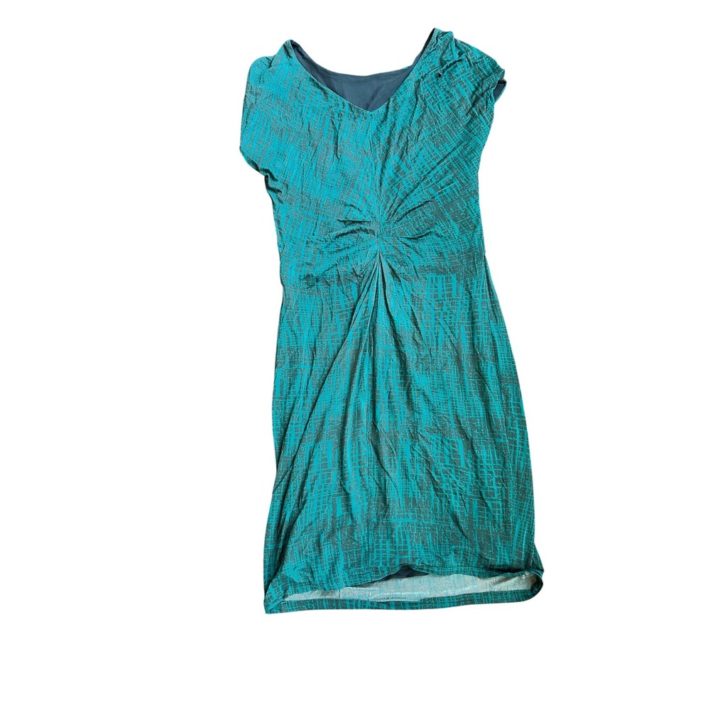 Max Mara Teal Jersey Draped Gathered Faux Wrap Dress Black Geo Print Italy 42 - Picture 2 of 7